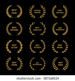 Film Awards. Gold award wreaths on black background. Vector illustration. svg