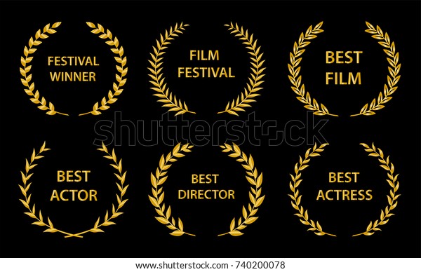 Film Awards. Gold award wreaths on black\
background. Vector\
illustration.