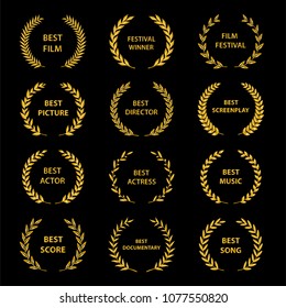 Film Awards. Golden award wreaths on black background. Vector illustration.