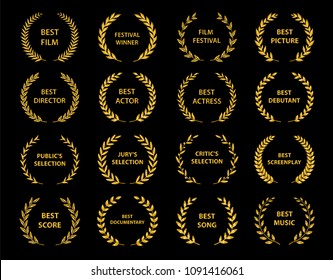 Film Awards. Golden award wreaths on black background. Vector illustration.