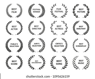 Film Awards. Set of black and white silhouette award wreath. Vector illustration.