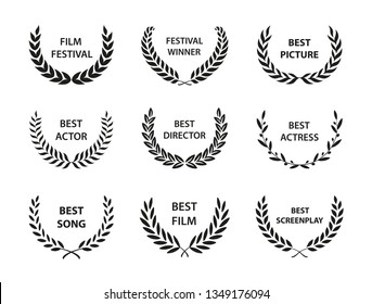 Film Awards. Set of black and white silhouette award wreath. Vector illustration.