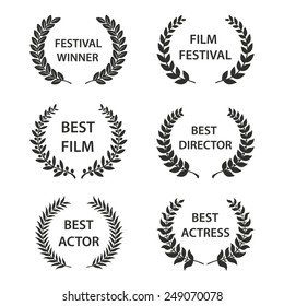 Film Awards. Set of black and white silhouette award wreaths. Vector eps 10 illustration.