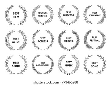 Film Awards. Set of black and white silhouette award wreaths. Vector illustration.