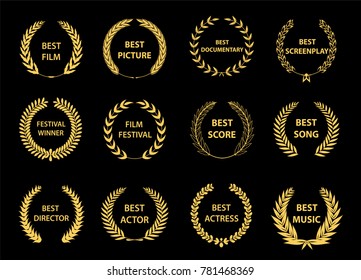 Film awards wreaths set. Film awards logo. Best award vector, award logo, winner logo, film festival nominee.Vector illustration