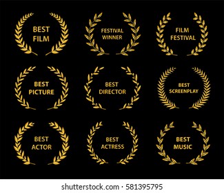 Film Awards.Gold Award Wreaths On Black Background. Vector Illustration.