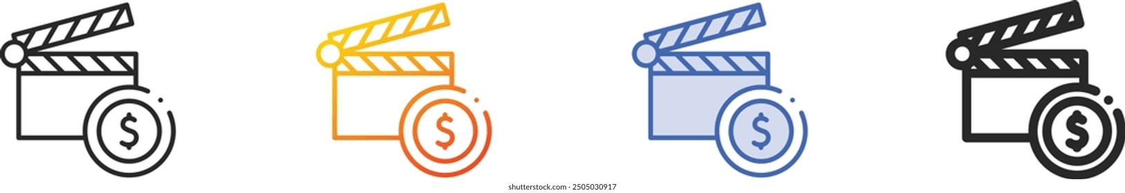 Filmbudget-Symbol.Dünn linear, Farbverlauf, blauer Strich und fett Stildesign einzeln auf weißem Hintergrund
