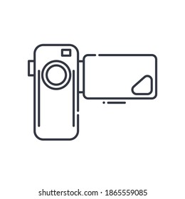 Film camera icon, linear isolated illustration, thin line vector, web design sign, outline concept symbol with editable stroke on white background.