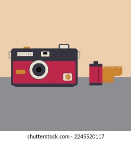 film camera with film for it. vector image, objects isolated. used trend colors 2023