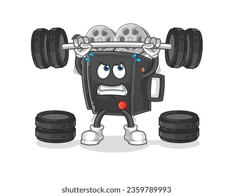 the film camera lifting the barbell character. cartoon mascot vector