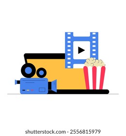 Film Camera, Popcorn, And Movie Reel In Flat Vector Illustration Symbolizing Entertainment, Film Production, And Cinema Culture, Isolated On White Background