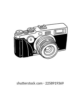 Film camera Retro collection photo equipment Hand drawn line art Illustration