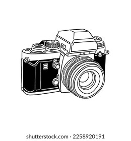 Film camera Retro collection photo equipment Hand drawn line art Illustration