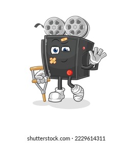 the film camera sick with limping stick. cartoon mascot vector