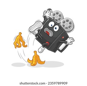 the film camera slipped on banana. cartoon mascot vector
