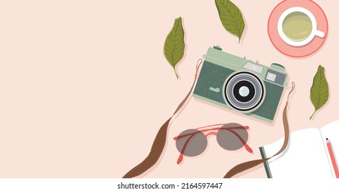 Film Camera, Tea Cup, Glasses And Note Book On The Table. Trendy Top Down View Illustration. Working From Home. Modern Minimalistic Hand Drawn Home Office Space Design For Web Card, Banner.