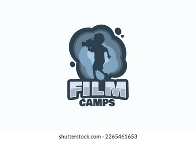 film camp logo with a combination of film camp lettering with a silhouette of a child making a video