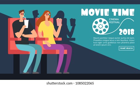 Film cinema festival poster. Movie time, couple date at theater vector background. Illustration of film movie cinema, entertainment cinematography event