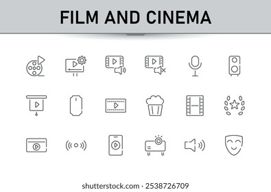 Colección de íconos de cine y cine. Video Conjunto de iconos minimalistas con ~, multimedia, cineasta, cinematografía, televisión, entretenimiento y más. Paquete de iconos de contorno delgado. Trazo de Vector editable.