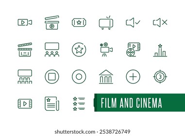 Colección de íconos de cine y cine. Video Conjunto de iconos minimalistas con ~, multimedia, cineasta, cinematografía, televisión, entretenimiento y más. Paquete de iconos de contorno delgado. Trazo de Vector editable.