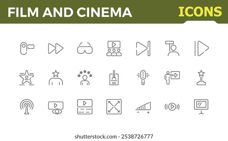 Colección de íconos de cine y cine. Video Conjunto de iconos minimalistas con ~, multimedia, cineasta, cinematografía, televisión, entretenimiento y más. Paquete de iconos de contorno delgado. Trazo de Vector editable.