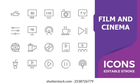 Colección de íconos de cine y cine. Video Conjunto de iconos minimalistas con ~, multimedia, cineasta, cinematografía, televisión, entretenimiento y más. Paquete de iconos de contorno delgado. Trazo de Vector editable.