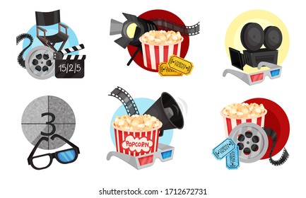 Film and Cinema Industry Attributes and Symbols with Popcorn and 3D Glasses Vector Set