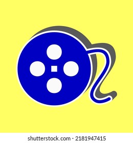 Film circular sign. Blue Icon with white stroke in 3d at yellow Background. Illustration.