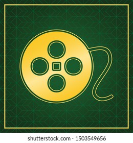 Film circular sign. Golden icon with gold contour at dark green gridded white background. Illustration.