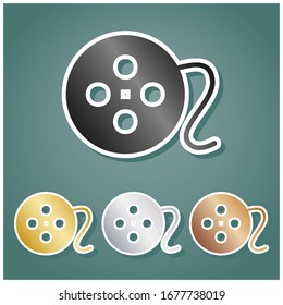 Film circular sign. Set of metallic Icons with gray, gold, silver and bronze gradient with white contour and shadow at viridan background. Illustration.