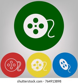 Film circular sign. Vector. 4 white styles of icon at 4 colored circles on light gray background.