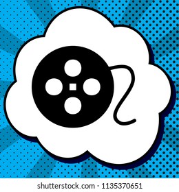 Film circular sign. Vector. Black icon in bubble on blue pop-art background with rays.