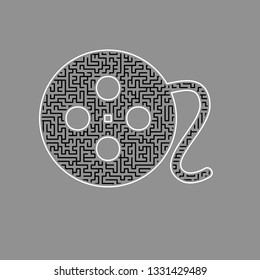 Film circular sign. Vector. Black maze filled icon with white border at gray background.