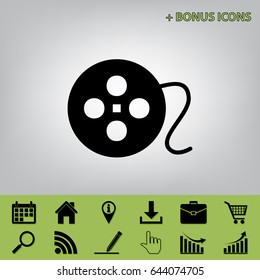 Film circular sign. Vector. Black icon at gray background with bonus icons at celery ones