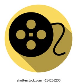 Film circular sign. Vector. Flat black icon with flat shadow on royal yellow circle with white background. Isolated.
