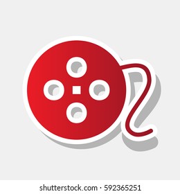 Film circular sign. Vector. New year reddish icon with outside stroke and gray shadow on light gray background.