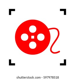Film circular sign. Vector. Red icon inside black focus corners on white background. Isolated.
