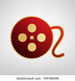 Film circular sign. Vector. Red icon on gold sticker at light gray background.