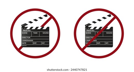 icono de prohibición de tablero de palmadas de película. No se permite filmar. Grabación de vídeo prohibida