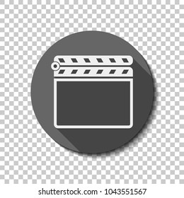 Film clap board cinema close icon. White flat icon with long shadow in circle on transparent background