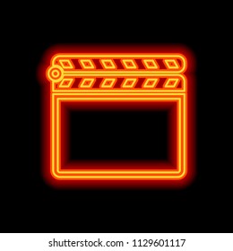 Film clap board cinema close icon. Orange neon style on black background. Light icon