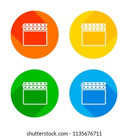 Film clap board cinema close icon. Flat white icon on colored circles background. Four different long shadows in each corners