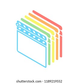 Film clap board cinema close icon. Stack of colorful isometric icons on white background