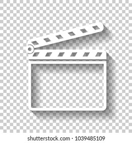 Film clap board cinema open icon. White icon with shadow on transparent background