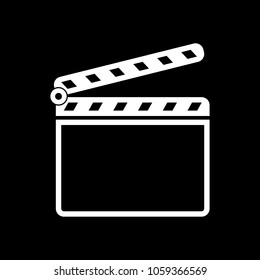 Film clap board cinema open icon. White icon on black background. Inversion