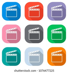 Film clap board cinema open icon. Set of white icons on colored 