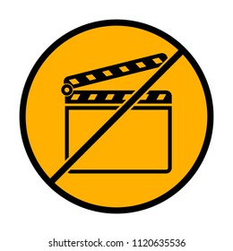 Film clap board cinema open icon. not allowed, black object in warning sign with orange background color