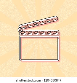 Film clap board cinema open icon. Vintage retro typography with offset printing effect. Dots poster with comics pop art background