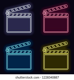 Film clap board cinema open icon. Set of fashion neon sign. Casino style on dark background. Seamless pattern