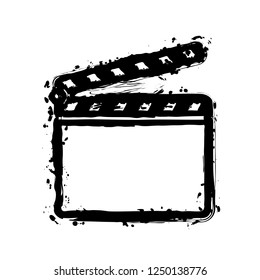 Film clap board cinema open icon. Black ink with splashes on white background